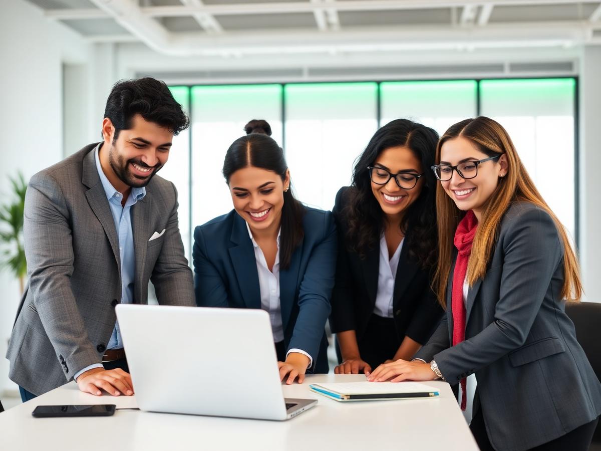 Equipo de trabajo capacitándose frente a un notebook en una oficina